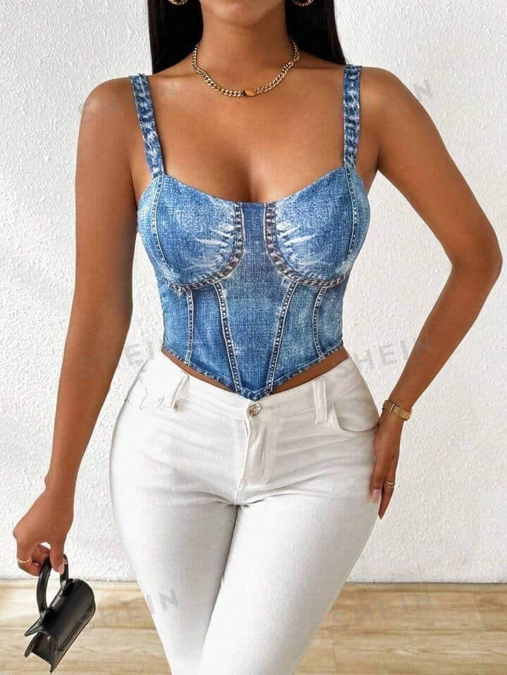 SHEIN Slayr Summer Fashionable Blue Denim Printed Slim Fit Crop Top