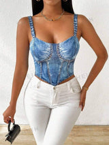 SHEIN Slayr Summer Fashionable Blue Denim Printed Slim Fit Crop Top