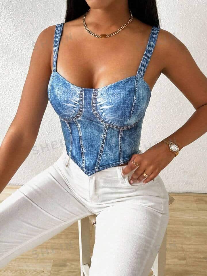 SHEIN Slayr Summer Fashionable Blue Denim Printed Slim Fit Crop Top