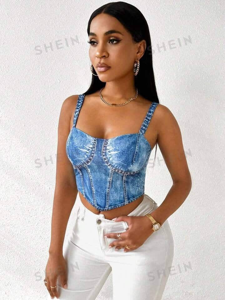 SHEIN Slayr Summer Fashionable Blue Denim Printed Slim Fit Crop Top