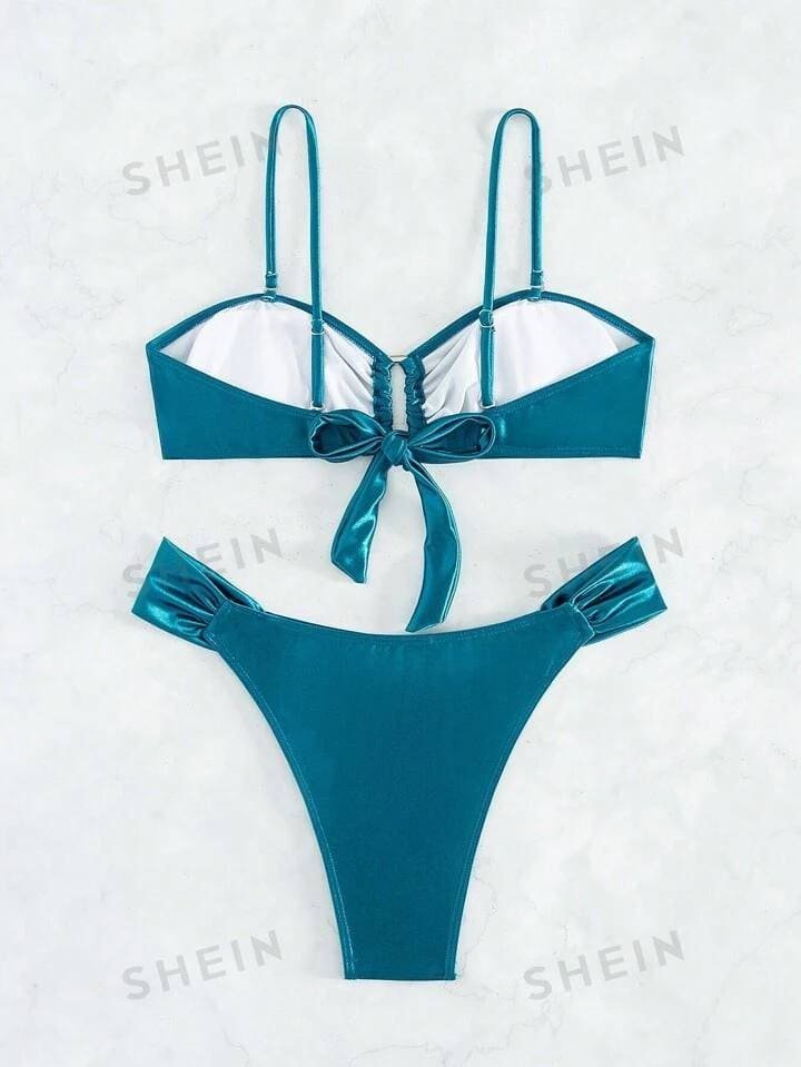 SHEIN Swim Chicsea Women's Solid Color Ruffle Back Tie Swimsuit Set
