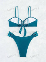 SHEIN Swim Chicsea Women's Solid Color Ruffle Back Tie Swimsuit Set