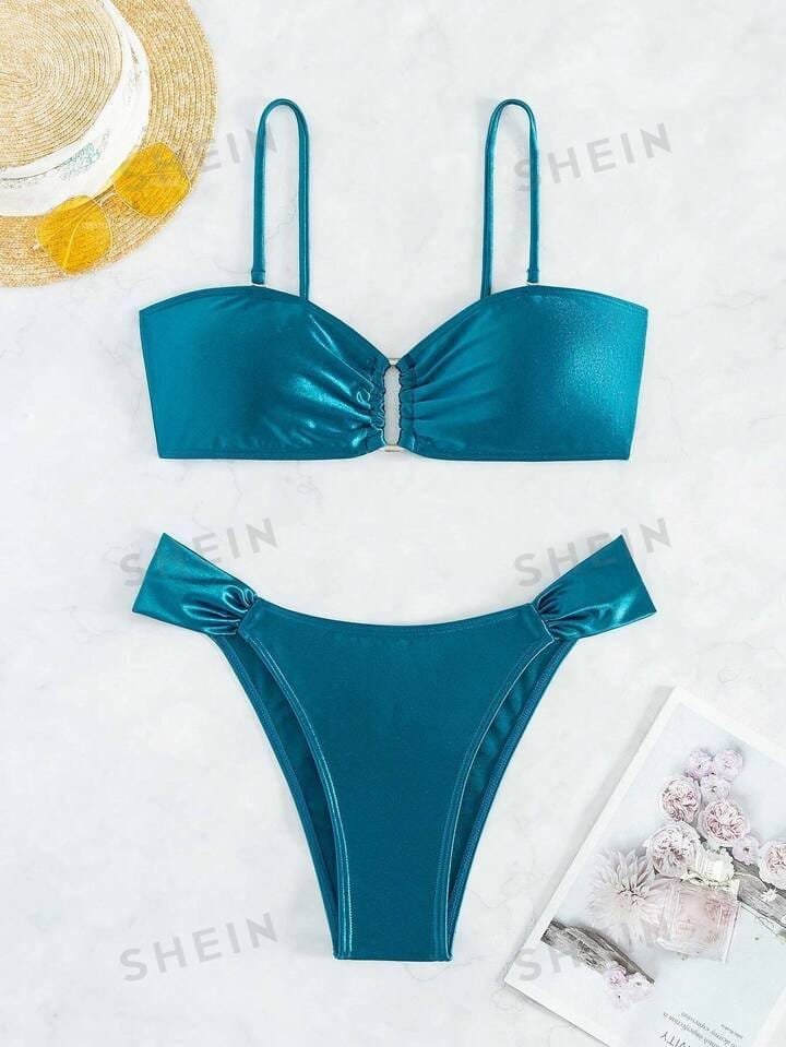 SHEIN Swim Chicsea Women's Solid Color Ruffle Back Tie Swimsuit Set