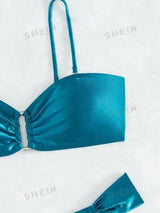 SHEIN Swim Chicsea Women's Solid Color Ruffle Back Tie Swimsuit Set