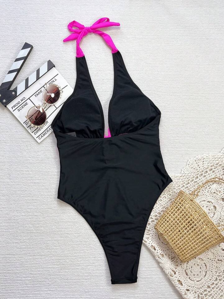 SHEIN Swim Summer Beach Contrast Color Bow Decoration Backless Halter One-Piece Swimsuit