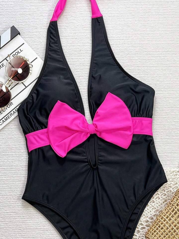 SHEIN Swim Summer Beach Contrast Color Bow Decoration Backless Halter One-Piece Swimsuit