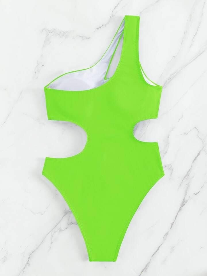 SHEIN Swim Summer Beach Neon Lime Cut Out One Shoulder One Piece Swimsuit
