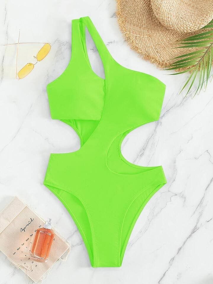 SHEIN Swim Summer Beach Neon Lime Cut Out One Shoulder One Piece Swimsuit