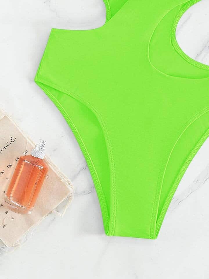 SHEIN Swim Summer Beach Neon Lime Cut Out One Shoulder One Piece Swimsuit
