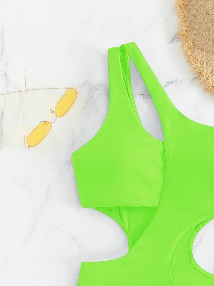 SHEIN Swim Summer Beach Neon Lime Cut Out One Shoulder One Piece Swimsuit