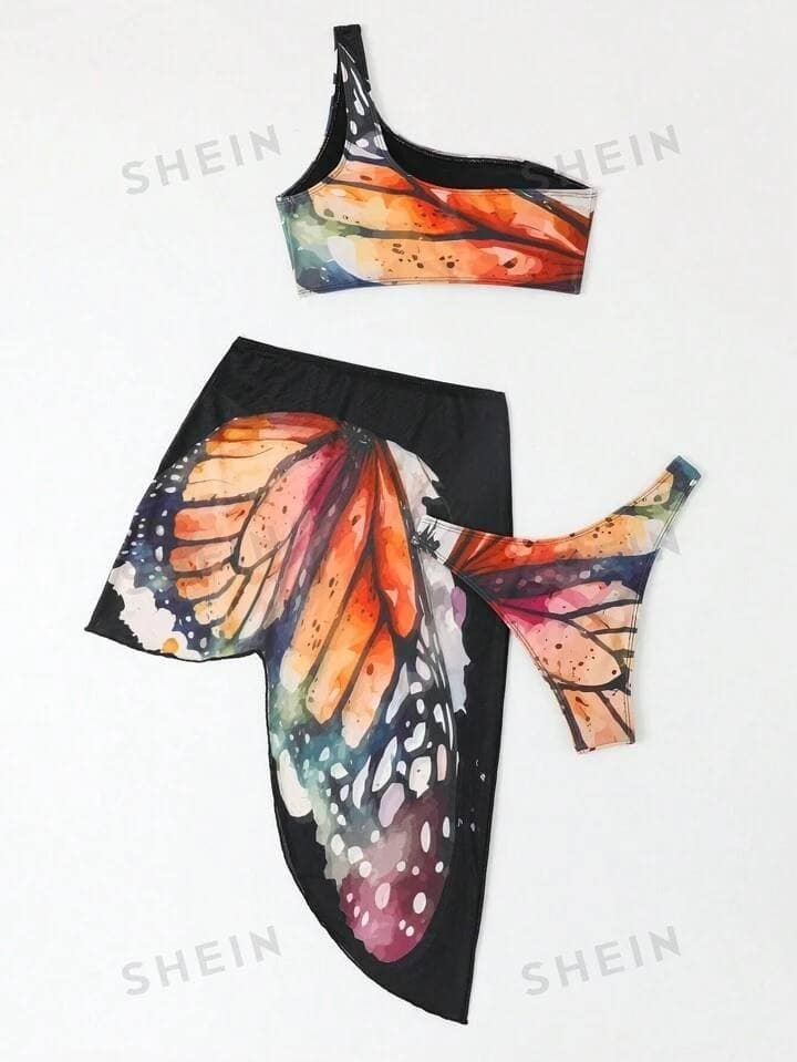 SHEIN Swim Vcay Butterfly Print One Shoulder Bikini Swimsuit With Beach Skirt