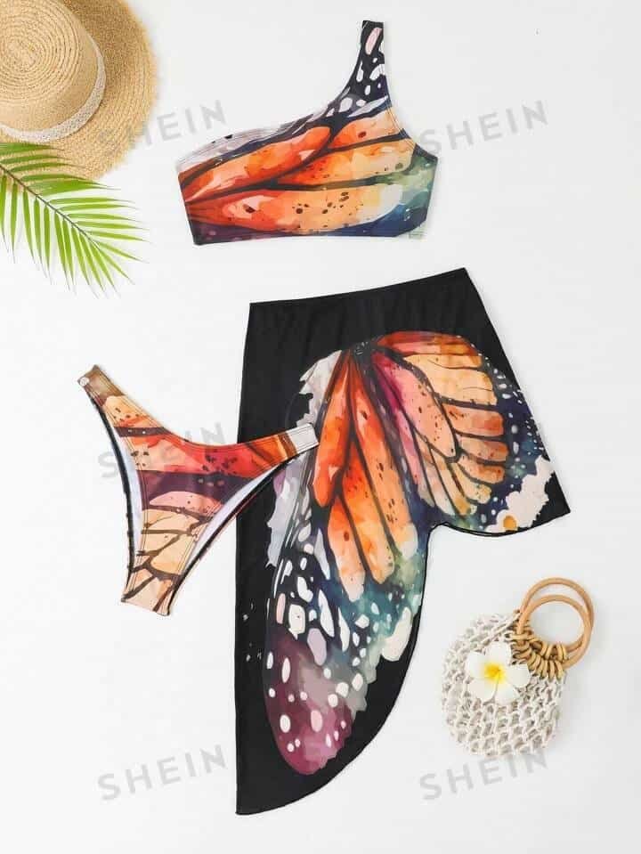 SHEIN Swim Vcay Butterfly Print One Shoulder Bikini Swimsuit With Beach Skirt