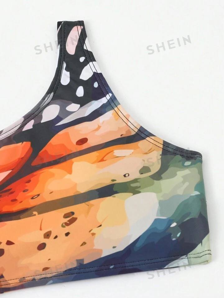 SHEIN Swim Vcay Butterfly Print One Shoulder Bikini Swimsuit With Beach Skirt