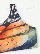 SHEIN Swim Vcay Butterfly Print One Shoulder Bikini Swimsuit With Beach Skirt