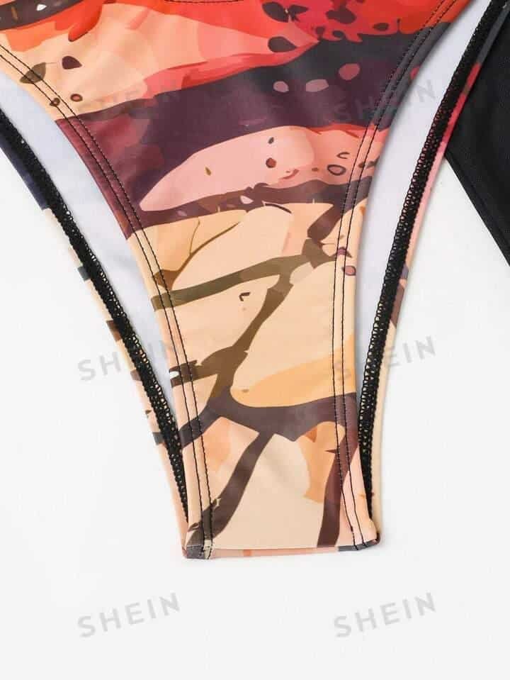 SHEIN Swim Vcay Butterfly Print One Shoulder Bikini Swimsuit With Beach Skirt
