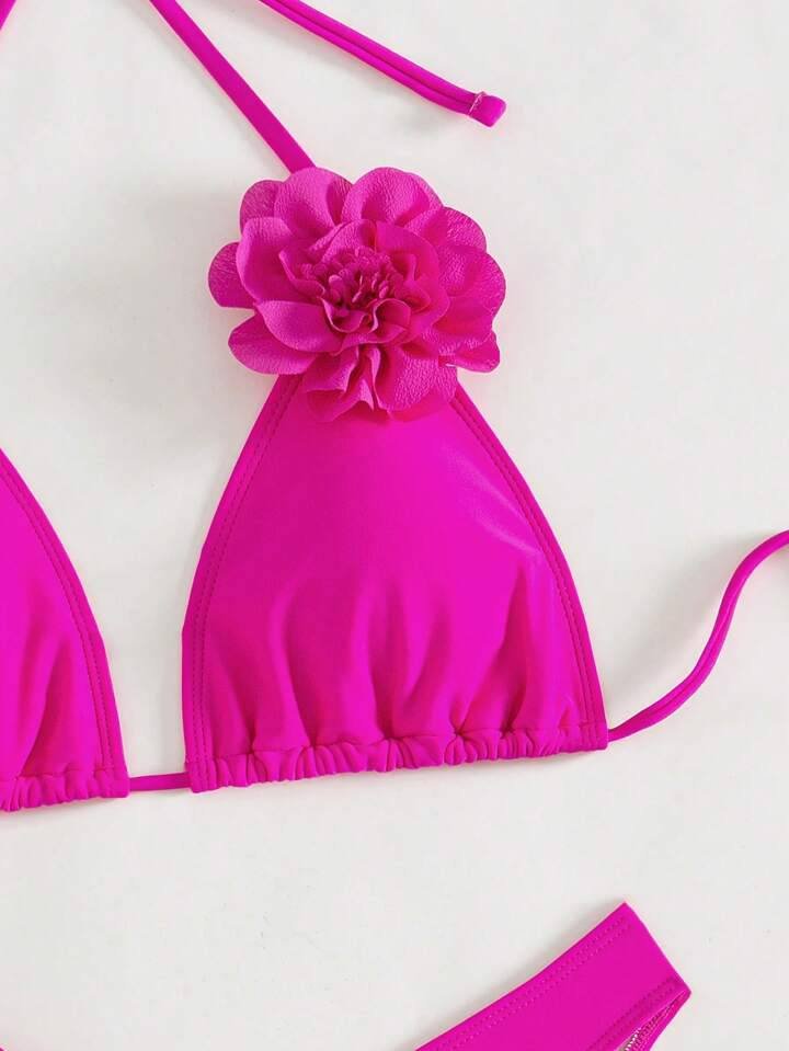 SHEIN Swim Women Solid Color 3D Flower Decor Halter Neck Bikini Set