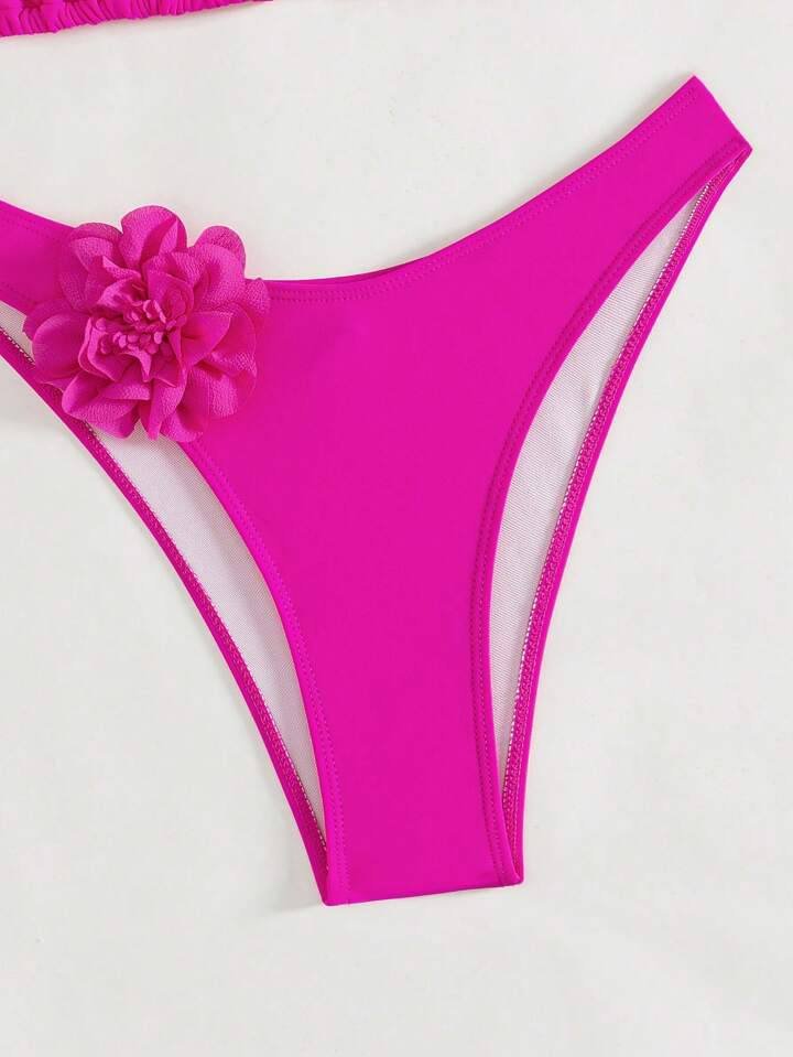 SHEIN Swim Women Solid Color 3D Flower Decor Halter Neck Bikini Set