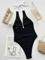 SHEIN Swim Women's Color-Block Bowknot Decorated Hollow Out Slim Fit One-Piece