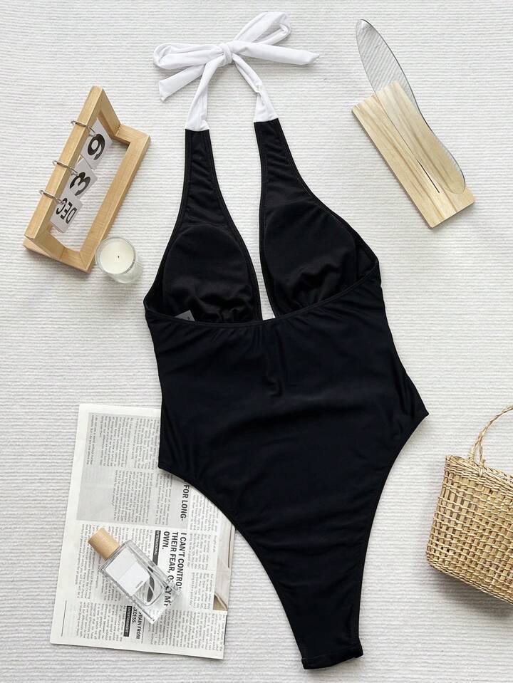 SHEIN Swim Women's Color-Block Bowknot Decorated Hollow Out Slim Fit One-Piece