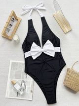 SHEIN Swim Women's Color-Block Bowknot Decorated Hollow Out Slim Fit One-Piece