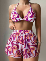 SHEIN Swim Women's Summer Beach Geometric Printed Halter Neck Tie Sexy Bikini Set With Shorts