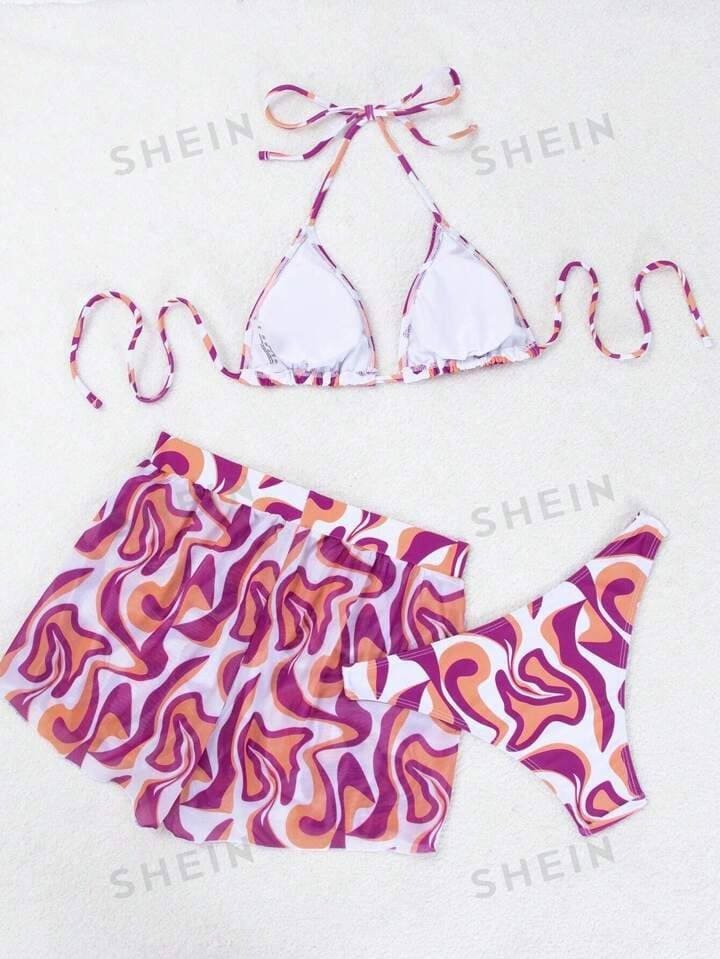 SHEIN Swim Women's Summer Beach Geometric Printed Halter Neck Tie Sexy Bikini Set With Shorts