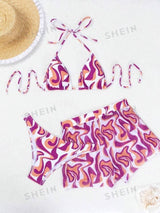 SHEIN Swim Women's Summer Beach Geometric Printed Halter Neck Tie Sexy Bikini Set With Shorts