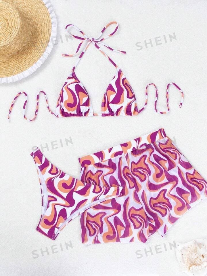 SHEIN Swim Women's Summer Beach Geometric Printed Halter Neck Tie Sexy Bikini Set With Shorts