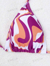 SHEIN Swim Women's Summer Beach Geometric Printed Halter Neck Tie Sexy Bikini Set With Shorts