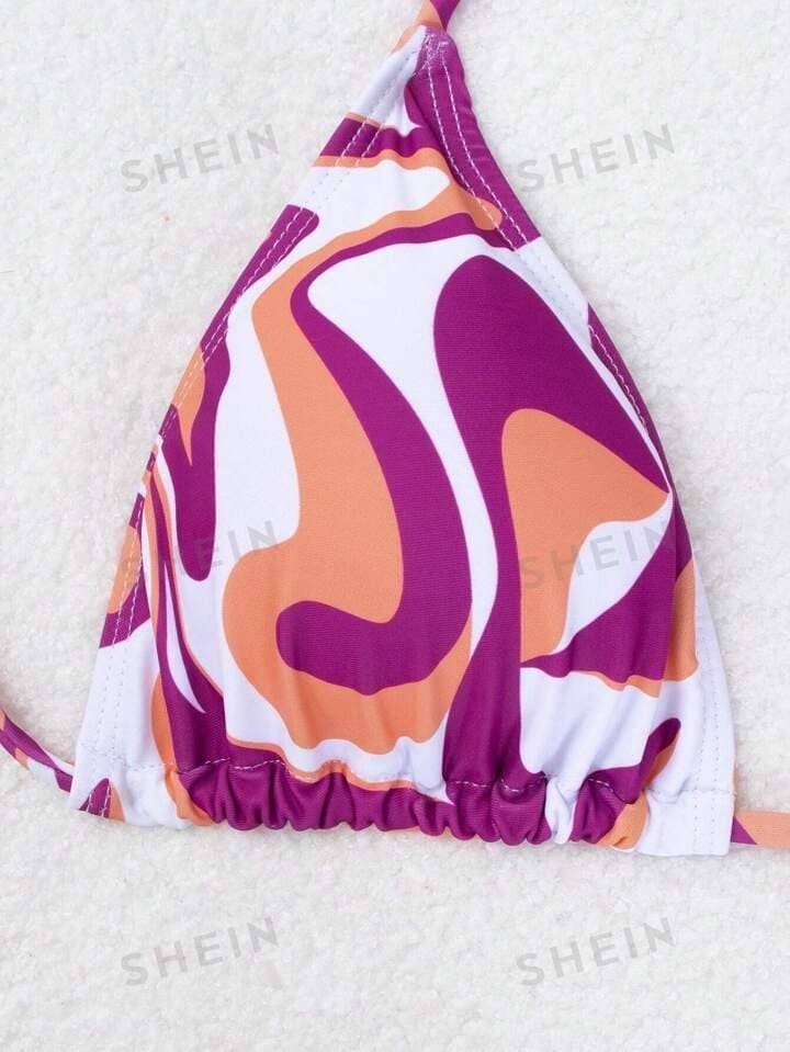 SHEIN Swim Women's Summer Beach Geometric Printed Halter Neck Tie Sexy Bikini Set With Shorts