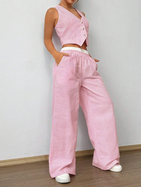 SHEIN  V-Neck Front Button Top And Patch Pocket Pants Two-Piece Set