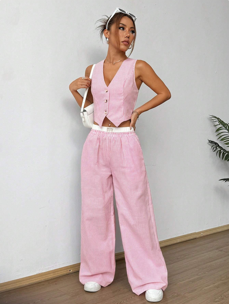 SHEIN  V-Neck Front Button Top And Patch Pocket Pants Two-Piece Set