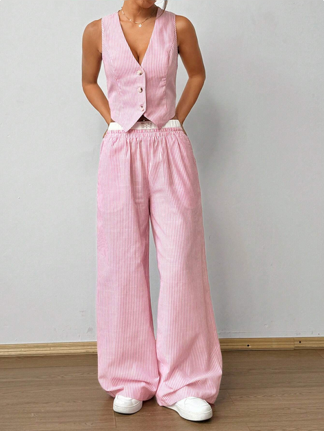 SHEIN  V-Neck Front Button Top And Patch Pocket Pants Two-Piece Set