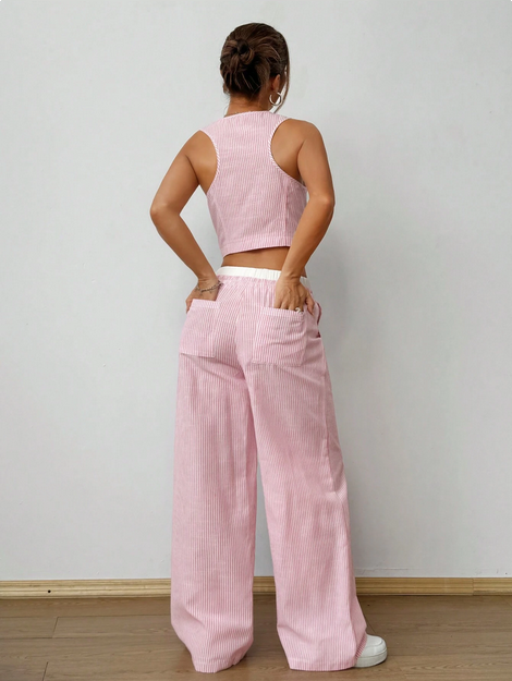 SHEIN  V-Neck Front Button Top And Patch Pocket Pants Two-Piece Set
