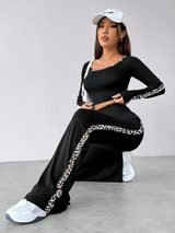 SHEIN Unity Women's Leopard Print Patchwork Long Sleeve Slim Fit Jumpsuit Fall Cloth For Women