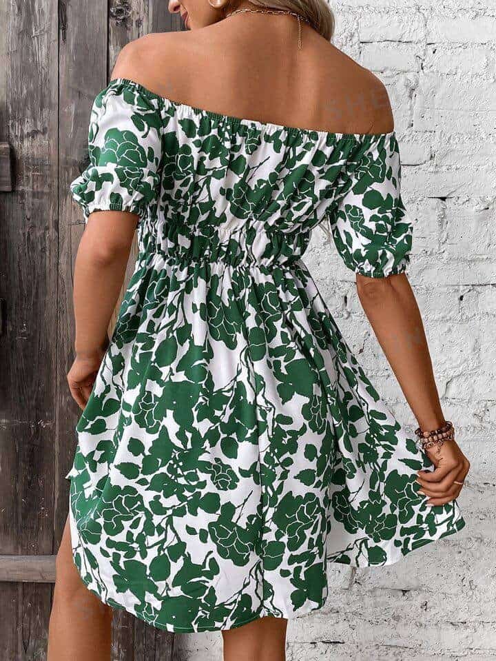 SHEIN VCAY Allover Floral Print Off Shoulder Puff Sleeve Dress
