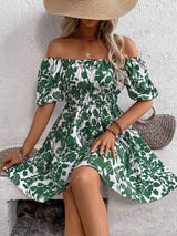 SHEIN VCAY Allover Floral Print Off Shoulder Puff Sleeve Dress
