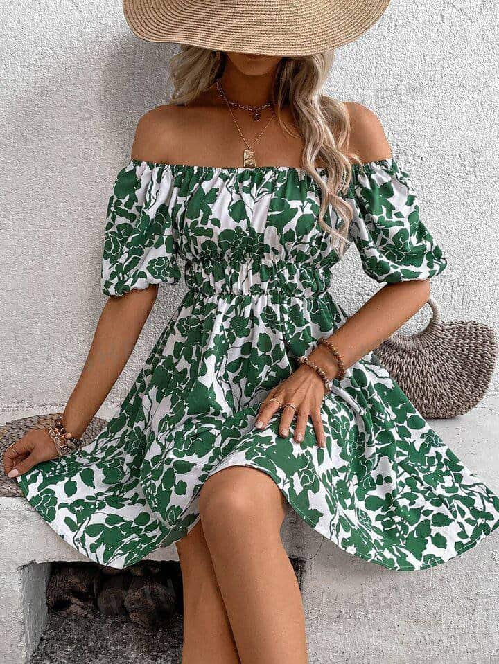 SHEIN VCAY Allover Floral Print Off Shoulder Puff Sleeve Dress