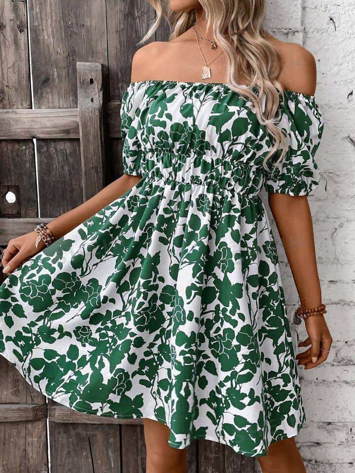SHEIN VCAY Allover Floral Print Off Shoulder Puff Sleeve Dress