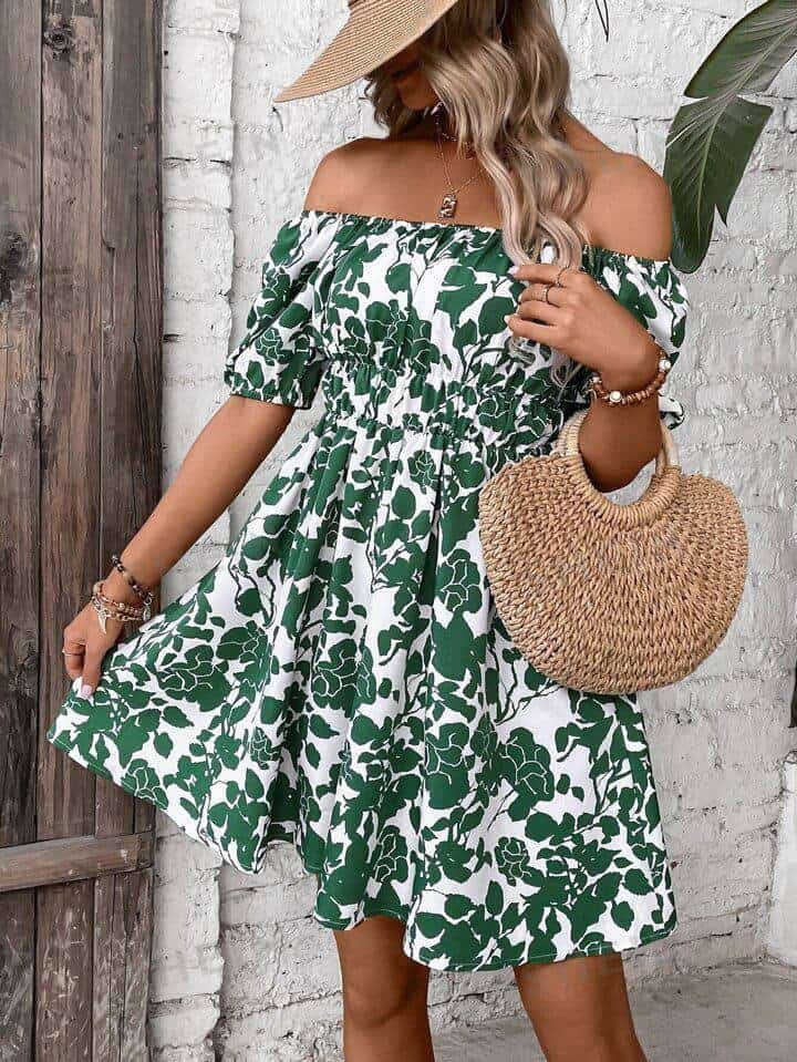 SHEIN VCAY Allover Floral Print Off Shoulder Puff Sleeve Dress