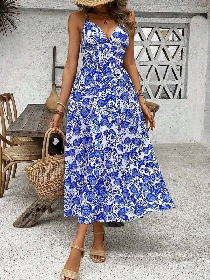 SHEIN VCAY Casual Summer Holiday Blue Rose Print Waist-Cinched Spaghetti Strap Dress