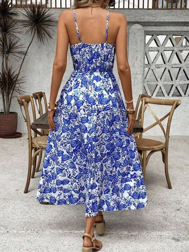 SHEIN VCAY Casual Summer Holiday Blue Rose Print Waist-Cinched Spaghetti Strap Dress