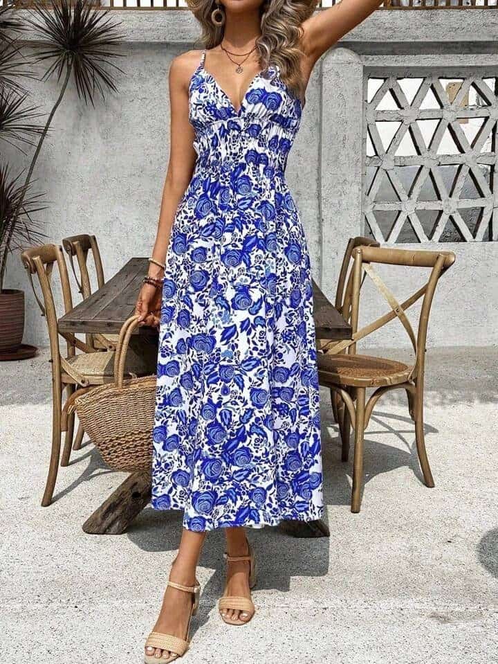 SHEIN VCAY Casual Summer Holiday Blue Rose Print Waist-Cinched Spaghetti Strap Dress