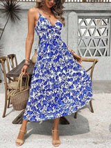 SHEIN VCAY Casual Summer Holiday Blue Rose Print Waist-Cinched Spaghetti Strap Dress