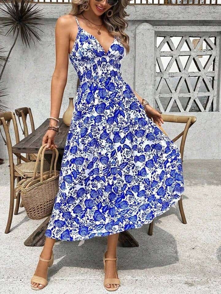 SHEIN VCAY Casual Summer Holiday Blue Rose Print Waist-Cinched Spaghetti Strap Dress