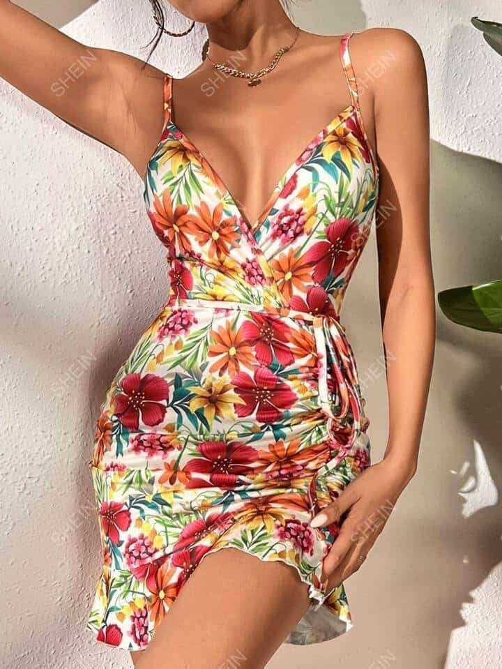 SHEIN VCAY Floral Print Ruffle Hem Belted Cami Bodycon Dress