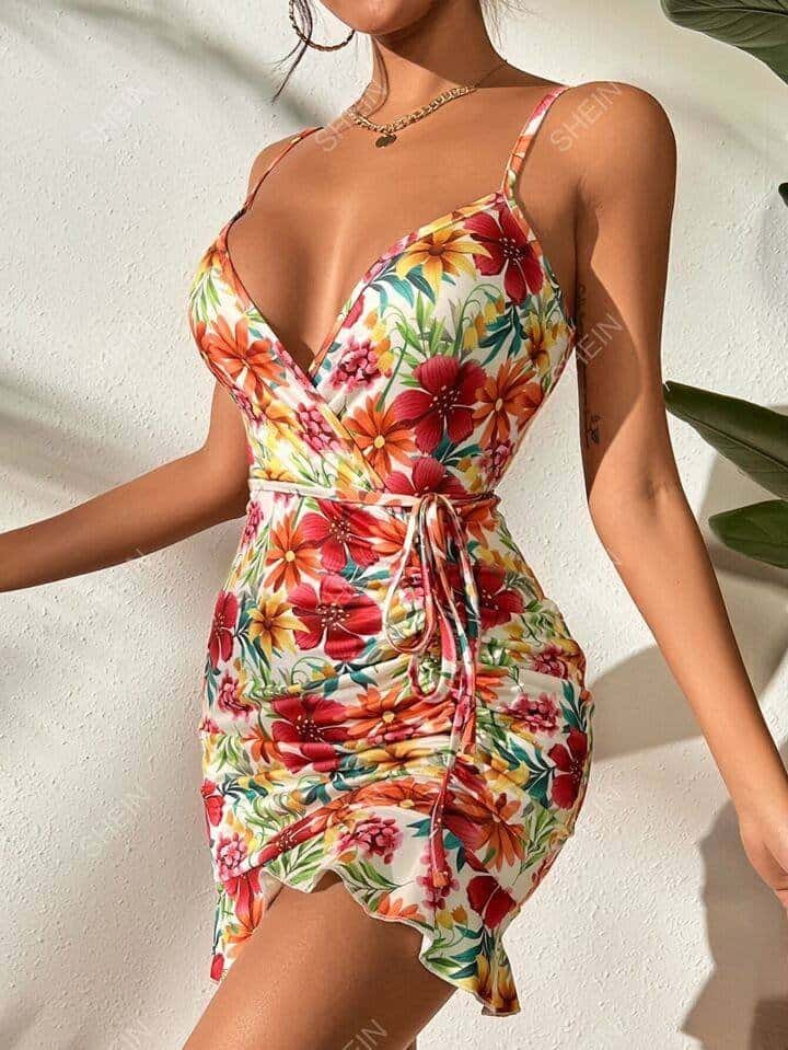 SHEIN VCAY Floral Print Ruffle Hem Belted Cami Bodycon Dress