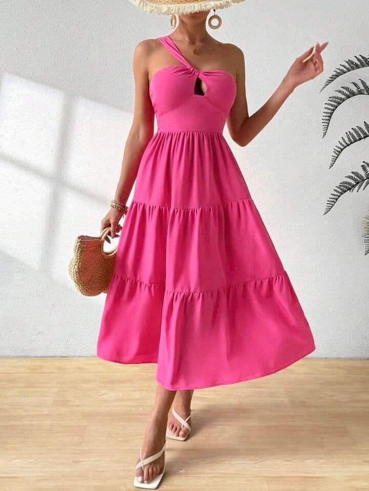 SHEIN VCAY One Shoulder Tiered Ruffle Dress