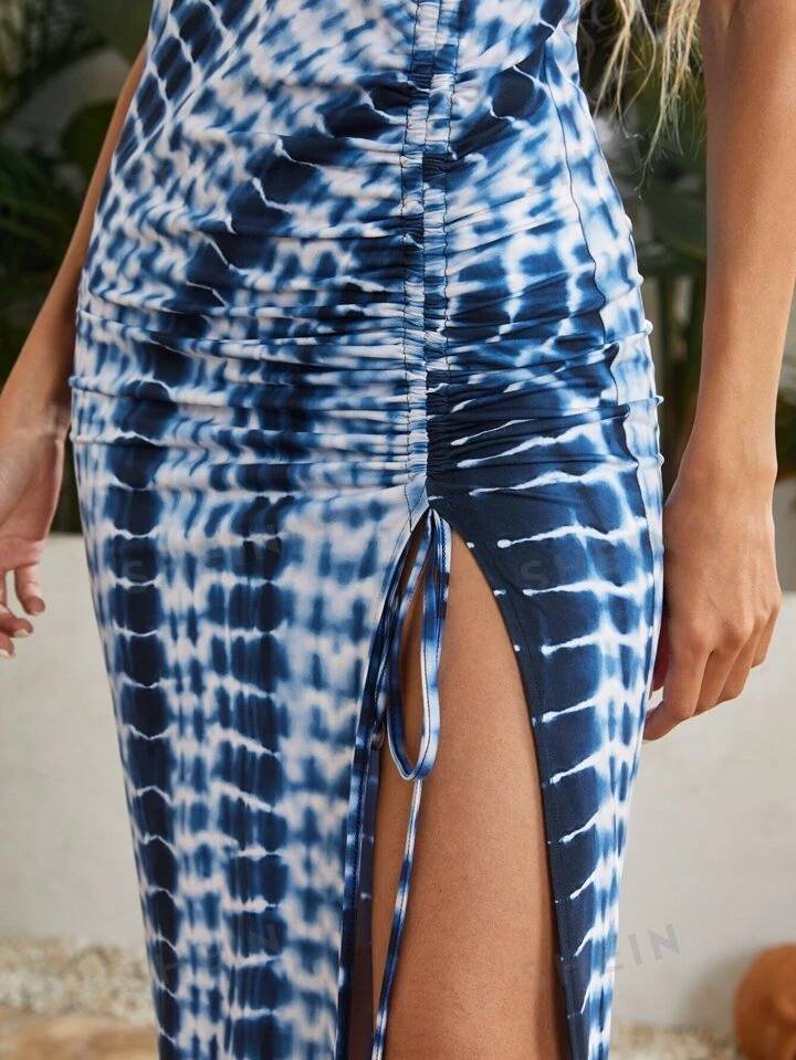 SHEIN VCAY Tied Backless Drawstring Knot Split Thigh Tie Dye Dress