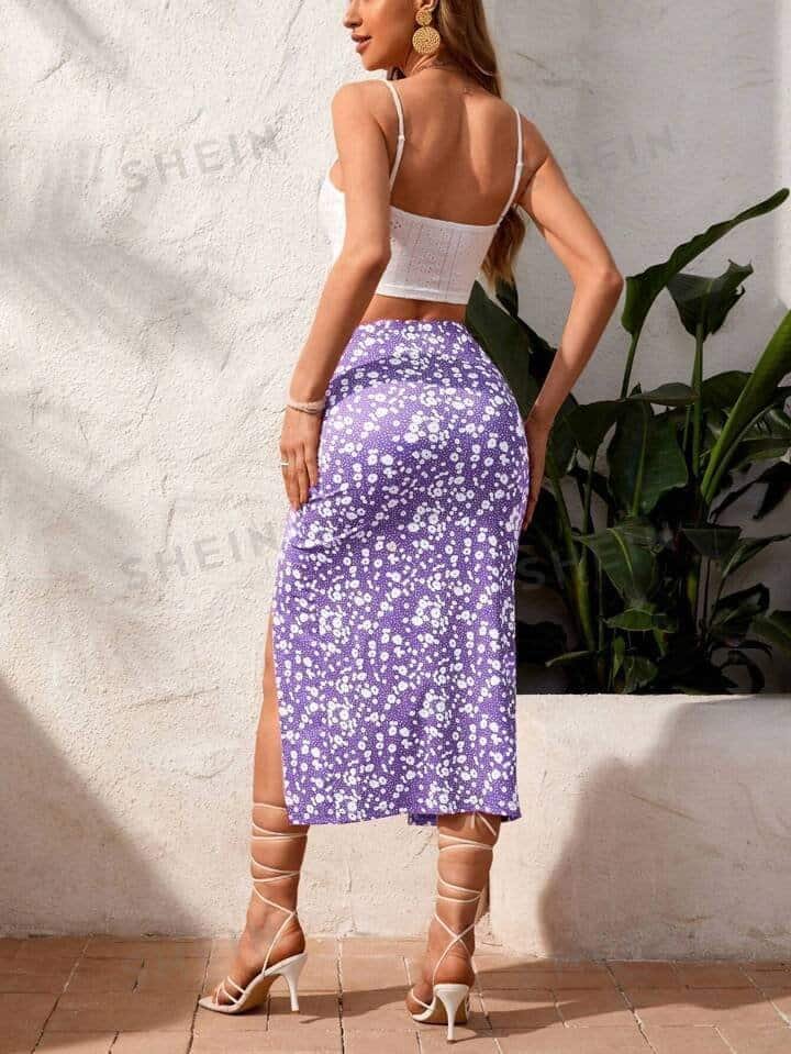 SHEIN VCAY Vacation Women's Summer Solid Color Slim Fit Crop Top &amp; Ditsy Floral Side Drawstring